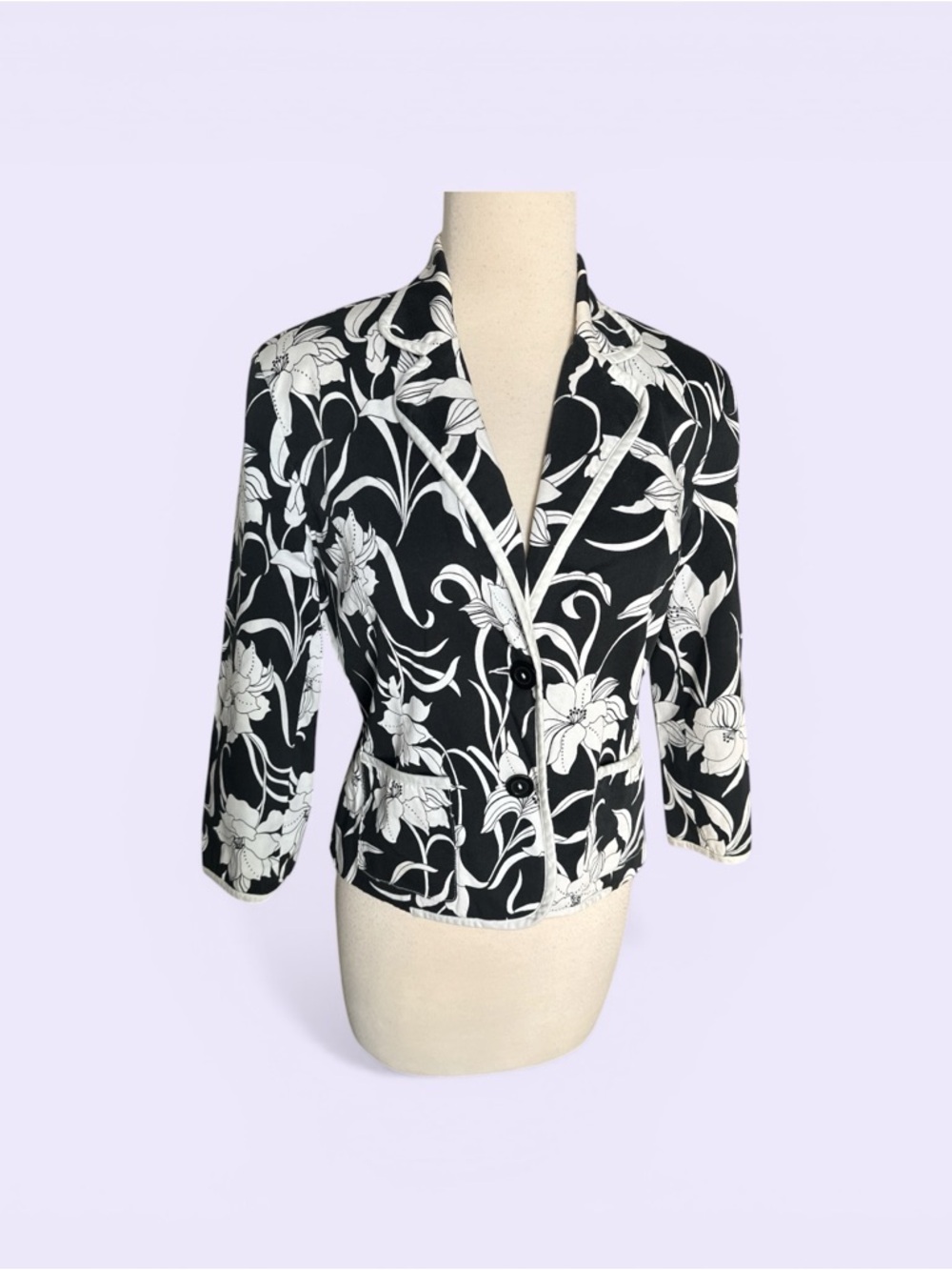 Carrie Allen Black White Blazer Size 6 Floral Print‎ Classic Career Jacket - Picture 5 of 8